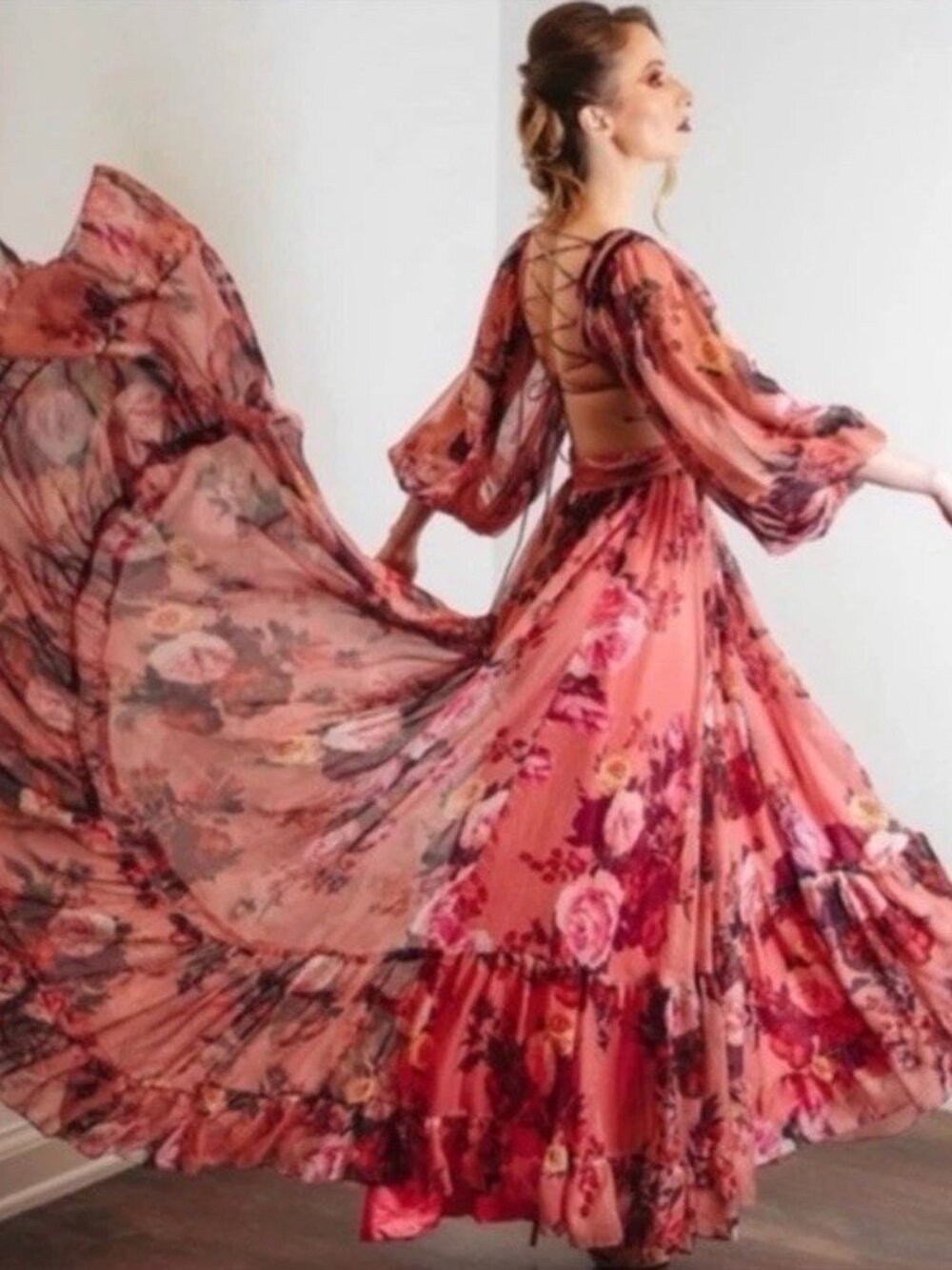 MAC DUGGAL Size 2 Pink 67946 Floral Cutout Open Back Blouson Sleeve Dress Gown